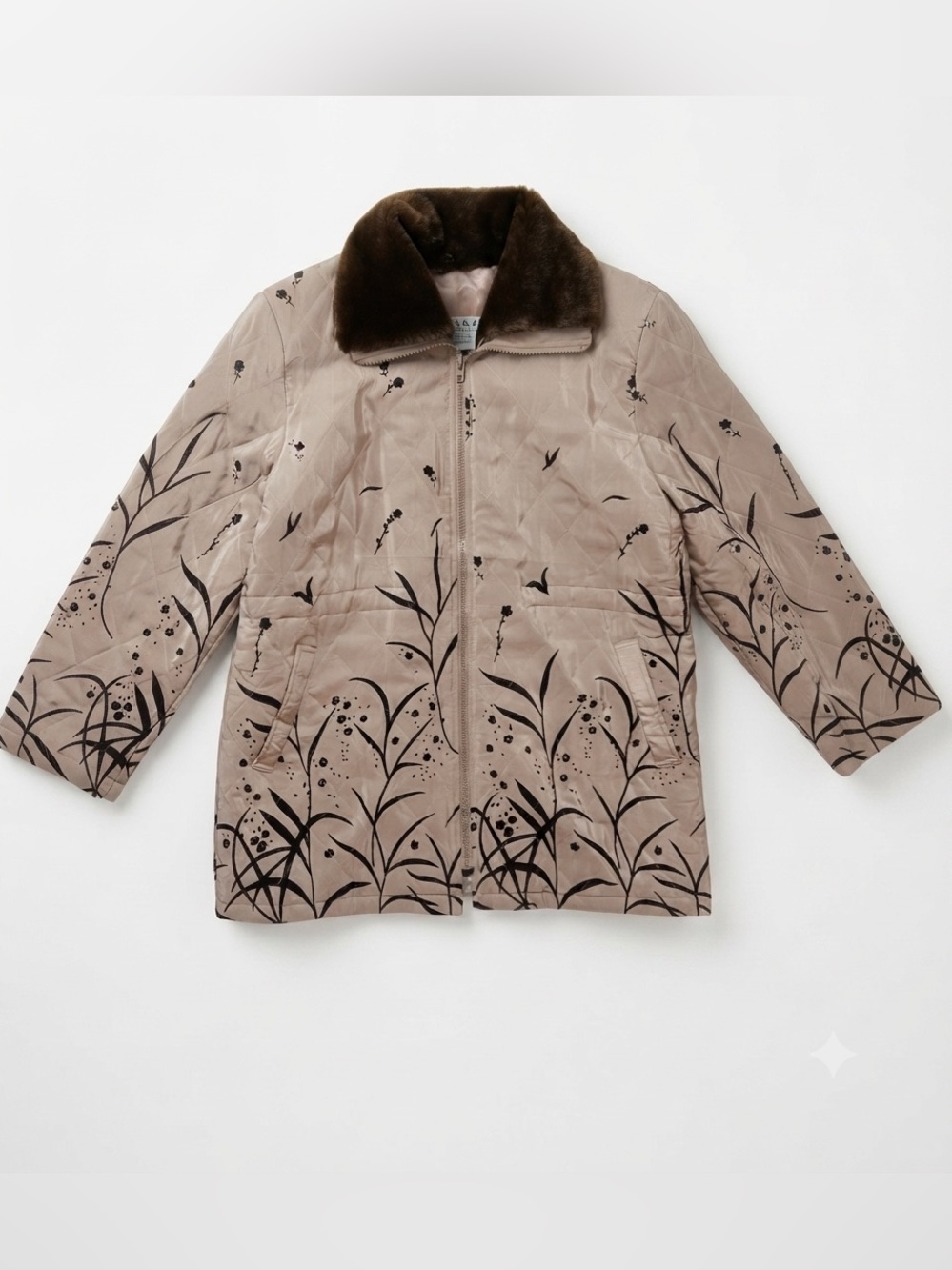 Strada 100% Silk Quilted Jacket Women's M Floral Print Faux Fur Collar Tan Brown